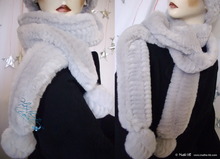 elegance, scarve, white gray pearl, 2 PomPom, faux fur, 2012-winter