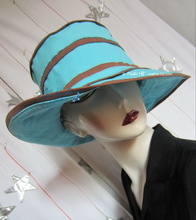 Hat of summer sun, chocolat and turquoise cotton-linen, XL