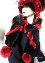 scarve, PomPom black and red plum faux-fur, winter 