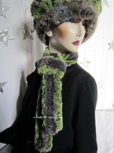 scarf, alligator green flash and grey faux fur, winter scarf