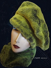 winter beret hat,flash green and mole faux-fur
