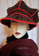 winter cap, brown black chocolate wool and red knitting, unisex XL-XXL