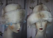 chapeau élégant, 56-57, vison blanc et brun fausse-fourrure, hiver 