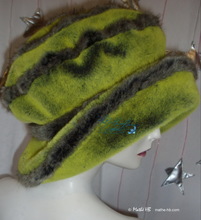 hat, green flash yellow and grey kaki faux-fur, L-XL, winter hat 