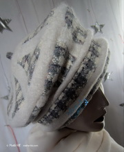 Baskenmütze Mütze, cremefarbene und grau-blaue Wolle, L-XL