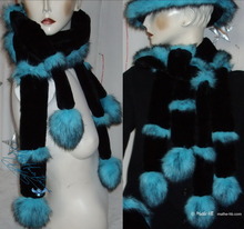 scarve 4 PomPom, turquoise black iridescent faux fur